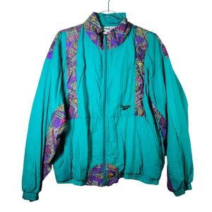 Reebok Vintage 90s Windbreaker Jacket Teal Geometric Print Nylon XL Streetwear